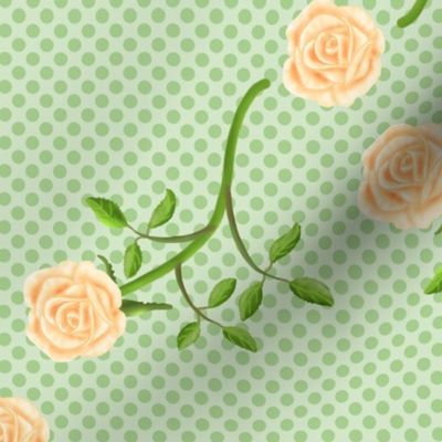 Cream Color Rose Sprigs on Green Polka Dots