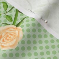 Cream Color Rose Sprigs on Green Polka Dots