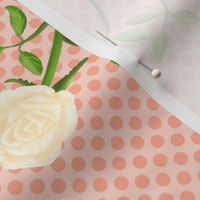 White Rose Sprigs on Peach Polka Dots