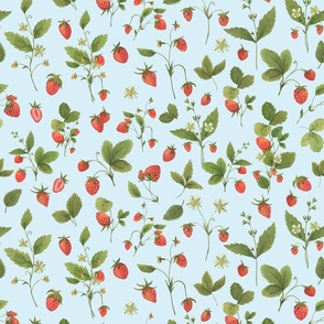 Wild Strawberry Pattern On Blue Smaller Scale