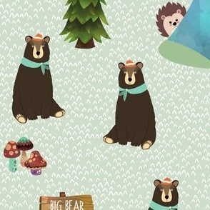 Big Bear Camp (parsley) Brown Bear Fabric, Forest Fabric, Camping Vacation