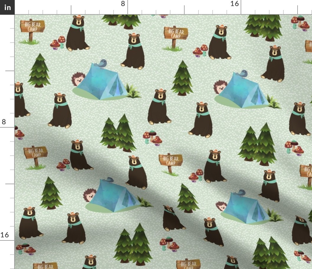 Big Bear Camp (parsley) Brown Bear Fabric, Forest Fabric, Camping Vacation, smaller