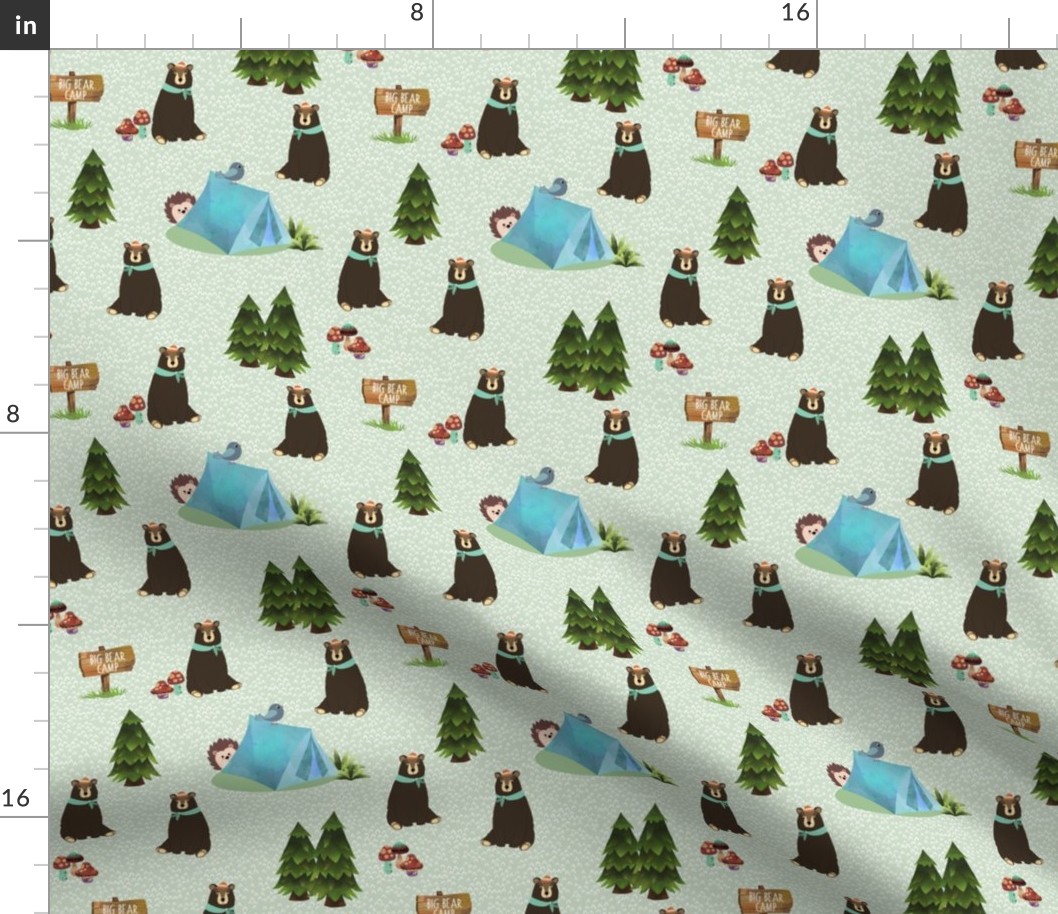 SMALL Big Bear Camp (parsley) Brown Bear Fabric, Forest Fabric, Camping Vacation