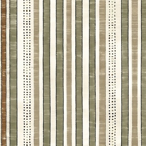Rustic Linen Stripes N Stitches In Olive Green And Beige