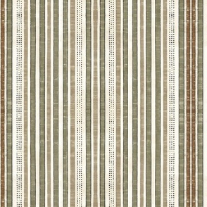 Rustic Linen Stripes N Stitches In Olive Green And Beige Smaller Scale