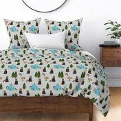 Big Bear Camp (candlestick grey) Brown Bear Fabric, Forest Fabric, Camping Vacation