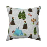 Big Bear Camp (candlestick grey) Brown Bear Fabric, Forest Fabric, Camping Vacation