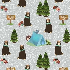 SMALL Big Bear Camp (candlestick grey) Brown Bear Fabric, Forest Fabric, Camping Vacation