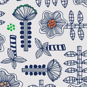 Daisy May Retro Fun Playful Hand-Drawn Floral Botanical with Checkered Leaves, Striped Stems and Dots in Dark Blue and Bright Multi-Colours on Light Gray - LARGE Scale - UnBlink Studio by Jackie Tahara