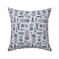 Daisy May Retro Fun Playful Hand-Drawn Floral Botanical with Checkered Leaves, Striped Stems and Dots in Dark Blue and Bright Multi-Colours on Light Gray - TINY Scale - UnBlink Studio by Jackie Tahara