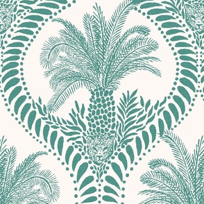 Large - Jungle cat palms - Dusty teal green - Block Print inspired - jaguar leopard animals - Maximalist Palms Springs Oasis Chic Island - Large Scale