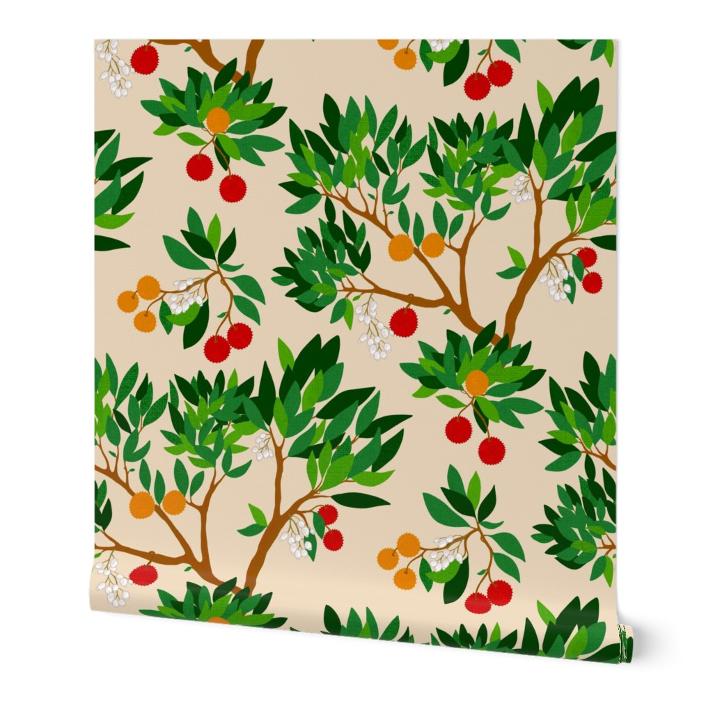 Corbezzolo - national tree of Italy - strawberry tree - Italian Villa wallpaper - red and orange fruit tree with white flowers on very light beige brown - large