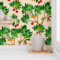 Corbezzolo - national tree of Italy - strawberry tree - Italian Villa wallpaper - red and orange fruit tree with white flowers on very light beige brown - large
