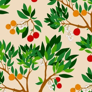 Corbezzolo - national tree of Italy - strawberry tree - Italian Villa wallpaper - red and orange fruit tree with white flowers on very light beige brown - large