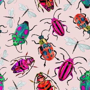 Small watercolor beetles on a pink background