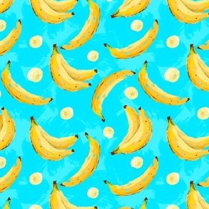 Bright yellow bananas on blue