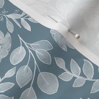 White Florals on Steele Teal Blue Smaller Scale