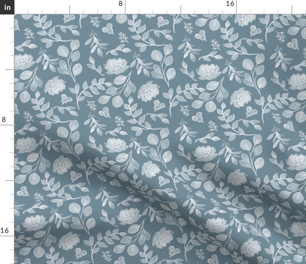 White Florals on Steele Teal Blue Smaller Scale