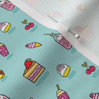 Yum food - cake, soda, cookie, ice cream design. Sweets cartoon pattern.