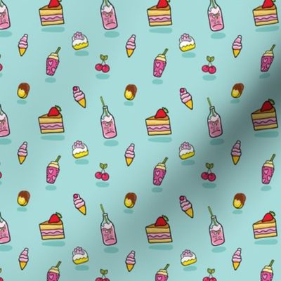 Yum food - cake, soda, cookie, ice cream design. Sweets cartoon pattern.