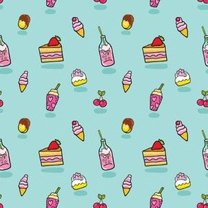 Yum food - cake, soda, cookie, ice cream design. Sweets cartoon pattern.