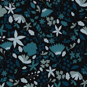 Floral Meadow in Navy Blue and Teal