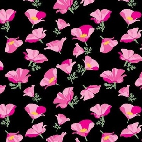 small scale // Pink Poppy flowers hot pink with black background