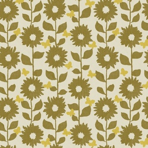 Sunflowers and Butterflies - Olive and Beige (Medium Scale)