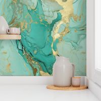Luxury turquoise abstract marble design with faux gold glamour effect - perfect for wallpaper - LARGE 