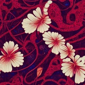 White Paisley flowers with red branches 