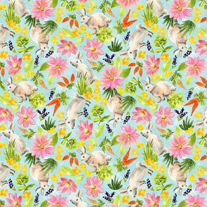 Bunnies in Spring Florals on Blue