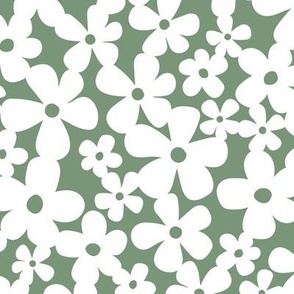 Scandinavian boho blossom - minimalist delicate summer garden flowers earthy neutral baby nursery design white on olive green LARGE 