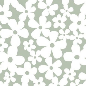 Scandinavian boho blossom - minimalist delicate summer garden flowers earthy neutral baby nursery design white on sage green LARGE