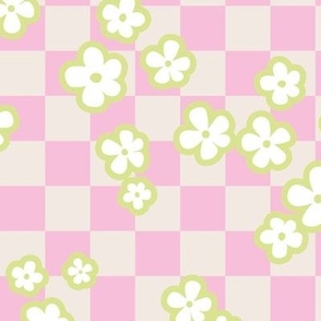 Retro blossom on checkerboard - summer flowers plaid lime green pink sand