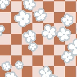 Retro blossom on checkerboard - autumn flowers plaid neutral caramel blush gray