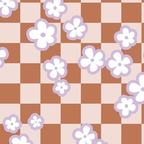 Retro blossom on checkerboard - summer flowers plaid neutral lilac tan burnt orange