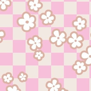 Retro blossom on checkerboard - summer flowers plaid neutral baby caramel pink blush