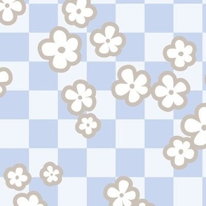 Retro blossom on checkerboard - summer flowers plaid neutral baby blue beige