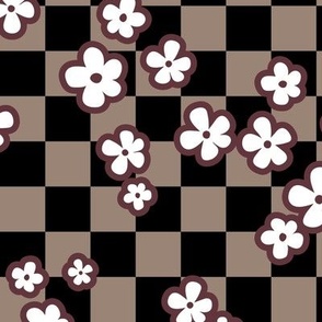 Retro blossom on checkerboard - winter night flowers plaid neutral beige brown chocolate black
