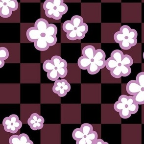 Retro blossom on checkerboard - winter flowers plaid lilac pink on burgundy black  