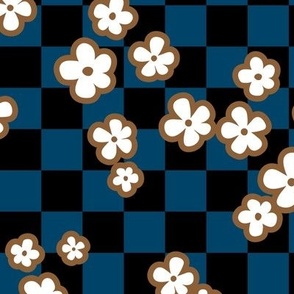 Retro blossom on checkerboard - winter flowers plaid neutral navy blue chocolate brown