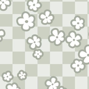 Retro blossom on checkerboard - summer flowers plaid neutral sage green
