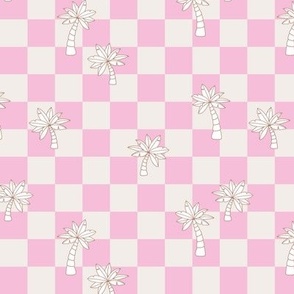 Freehand palm trees and checker - boho retro island vibes surf design on checkerboard girls pink ivory