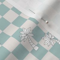 Freehand palm trees and checker - boho retro island vibes surf design on checkerboard ivory blue