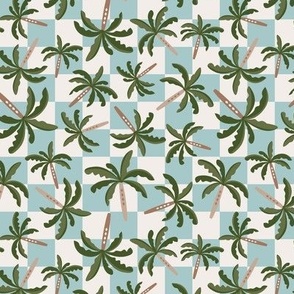 Multi directional palm trees on checkerboard - colorful summer plaid surf design theme for kids green on tan white teal blue