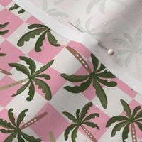 Multi directional palm trees on checkerboard - colorful summer plaid surf design theme for kids green on pink