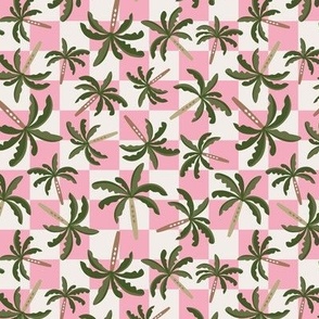 Multi directional palm trees on checkerboard - colorful summer plaid surf design theme for kids green on pink