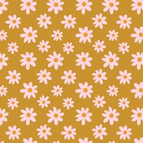 Retro. 70s Yellow gold pink mustard daisies - girly design 