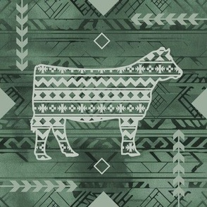 Show Heifer - Rural Farmhouse - Southwestern Native American Pattern - Sage Green