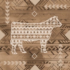 Show Heifer - Farmhouse - Southwestern Native American Pattern - Browns and Tan